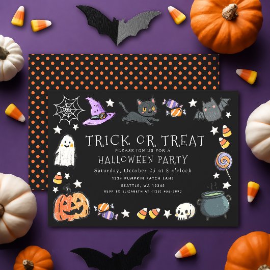 Süßes oder Saures schwarze Kinder-Kreide Halloween Einladung