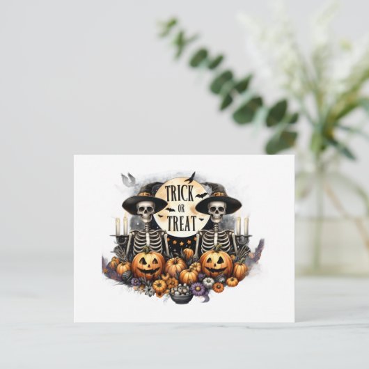 Süßes oder Saures Skelette Halloween Postkarte (Stehend Vorderseite)