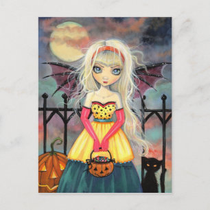 Süßes oder Saures Süßer Halloween-Vampir und Katze Postkarte