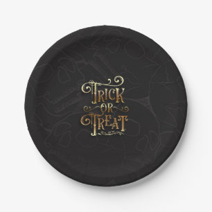 Süßes oder Saures Totenköpfe Schwarz & Gold Hallow Pappteller