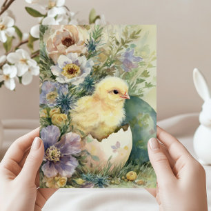 Süßes Osterküken Frühlingswildblumen Aquarell Feiertagskarte