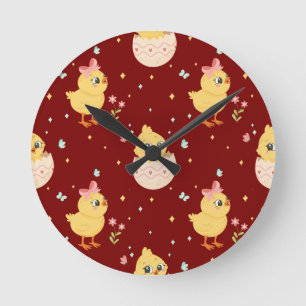 Süßes Osterküken mit rosa Schleife nahtloses Muste Runde Wanduhr