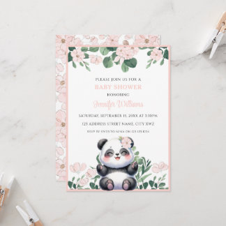Süßes Panda-Mädchen Grünzeug Rosa Blumen Baby Show Einladung