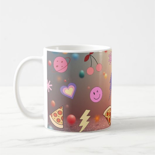 Süßes Pastell-Doodle-Muster Pizza Kirsche Smiley Kaffeetasse (Links)