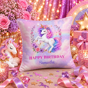 Süßes Pastell-Einhorn-Geburtstagsmädchen-Regenboge Kissen