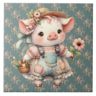 Süßes Pastell-Ferkel in Cottagecore-Overalls Fliese