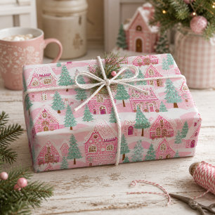 Süßes Pastell-Rosa Lebkuchendorf Weihnachten Geschenkpapier