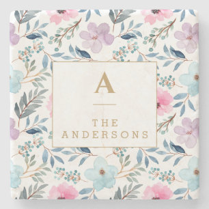 Süßes pastellblaues Wasserfarben-Blumen-Monogramm Steinuntersetzer