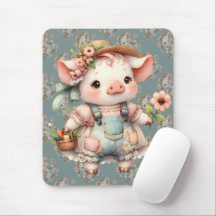 Süßes Pastellferkel in Cottagecore-Overall Mousepad