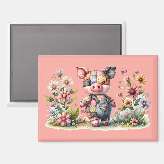 Süßes Patchwork-Ferkel im Blumengarten-Magnet Magnet (Vorderseite/Rückseite)
