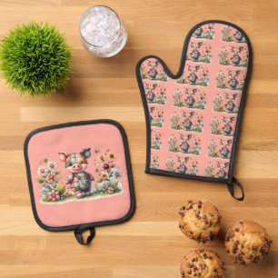 Süßes Patchwork-Schweinchen im Blumen Garten Ofenhandschuh & Topflappen-Set