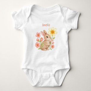 Süßes personalisiertes Wasserfarbe-Hasen-Blumen-Ba Baby Strampler