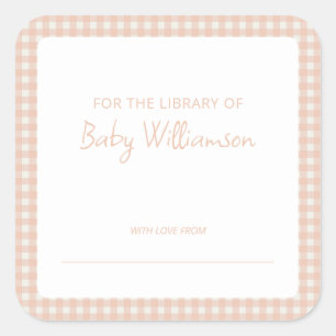 Süßes Pfirsich-Karo-Gingham-Baby-Shower-Exlibris Quadratischer Aufkleber