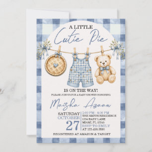 Süßes Pie Dusty Blue Schleife Gingham Herbst-Baby- Einladung