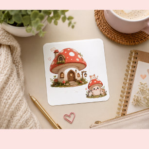 Süßes Pilzhaus-Sticker Whimsical Cottagecore Quadratischer Aufkleber