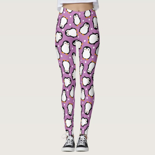 Süßes Pinguin-Muster Lila Muster Leggings (Vorderseite)