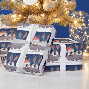 Süßes Pinguin-Paar Weihnachten Santa und Rentiere Geschenkpapier