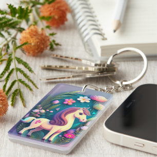 Süßes Pony mit Blumenhintergrund -  Schlüsselanhänger