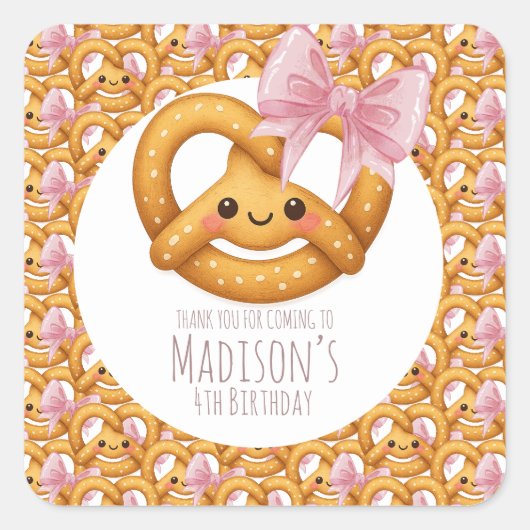 Süßes Pretzel-Mädchen Geburtstagsfeier Quadratischer Aufkleber (Vorderseite)