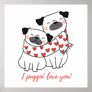 Süßes Pug-Paar mit Herzen Illustration Poster
