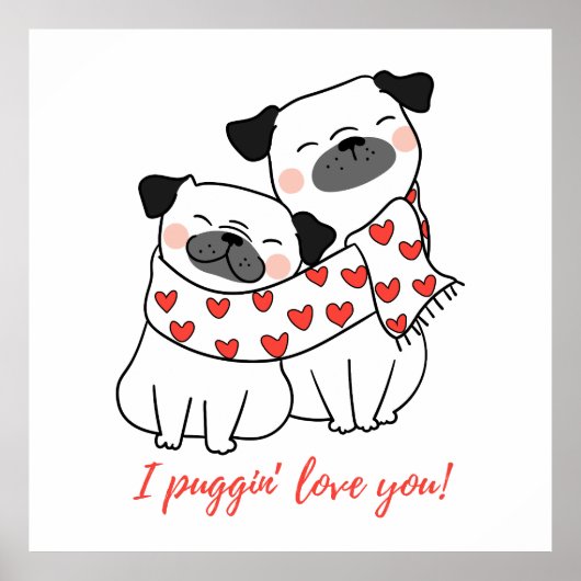 Süßes Pug-Paar mit Herzen Illustration Poster (Vorne)
