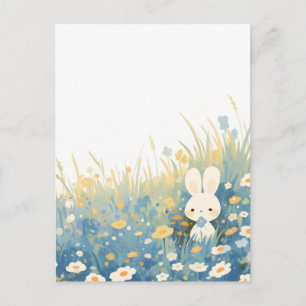 Süßes Rahmkaninchen auf blauer Wildblumenwiese Postkarte