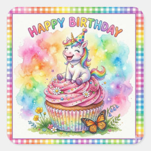 Süßes Regenbogen Einhorn Cupcake Alles Gute zum Ge Quadratischer Aufkleber