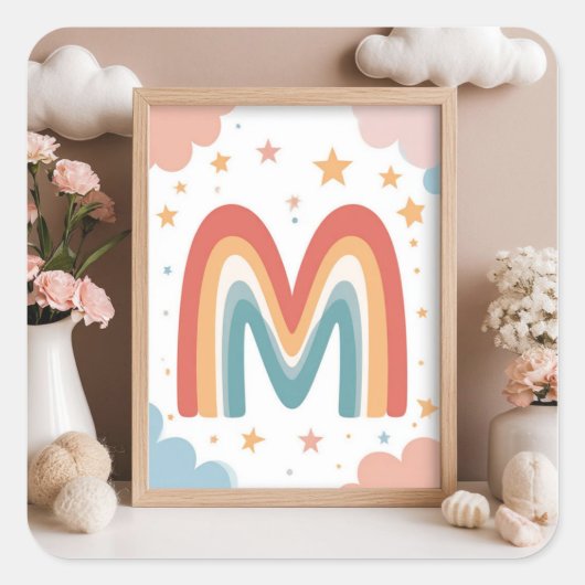 ☁️ Süßes Regenbogen-Monogramm M Anfangsdesign ☁️ Quadratischer Aufkleber (Vorderseite)