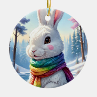 Süßes Regenbogen-Schal Weißes Winterkaninchen Keramik Ornament