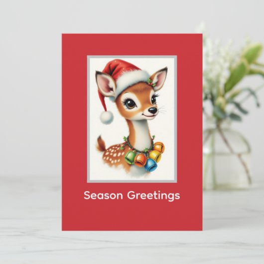 Süßes Reh Rentier Weihnachtsmann Hut Feiertagskarte (Stehend Vorderseite)