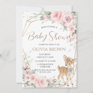 Süßes Reh-Rosa-Blüten-Mädchen-Baby-Party Einladung