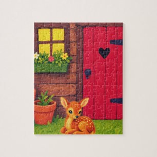 Süßes Rehkitz an der roten Tür Puzzle