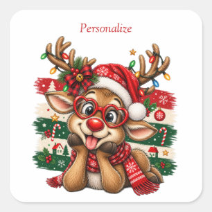Süßes Rentier Weihnachten Personalisierter Feierta Quadratischer Aufkleber