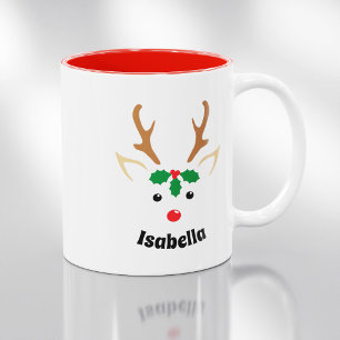 Süßes Rentiergesicht Personalisiertes Weihnachte Zweifarbige Tasse