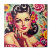 Süßes Retro-Blumen Pin-up-Porträt Fliese (Vorderseite)