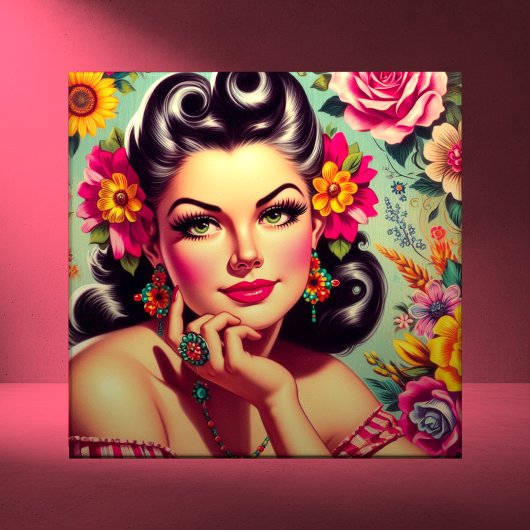 Süßes Retro-Blumen Pin-up-Porträt Fliese