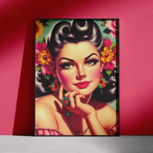 Süßes Retro-Blumen-Pin-up-Porträt Poster