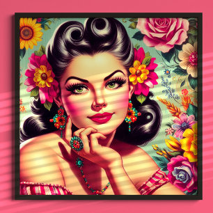 Süßes Retro-Blumen Pin-up-Porträt Poster
