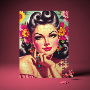 Süßes Retro-Blumen Pin-up-Porträt Puzzle