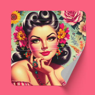 Süßes Retro-Blumen Pin-up-Porträt Quadratischer Aufkleber