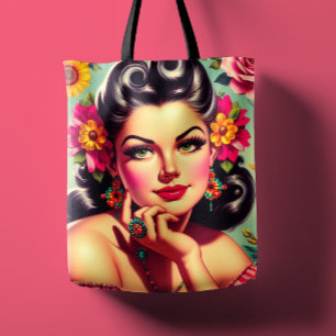 Süßes Retro-Blumen-Pin-up-Porträt Tasche