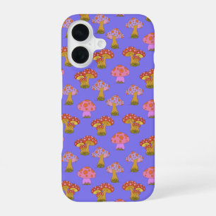 Süßes Retro-Hippie-Pilzmuster in Lila iPhone 16 Hülle