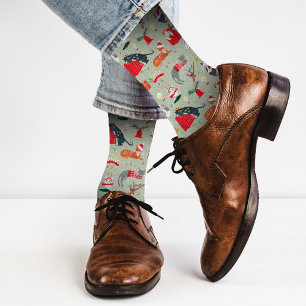 süßes Retro-Katzenmuster grün Weihnachten Socken