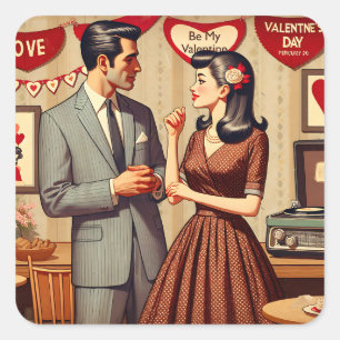 Süßes Retro-Paar zum Valentinstag Quadratischer Aufkleber