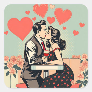 Süßes Retro-Pärchen beim Küssen mit Pop-Art-Herzen Quadratischer Aufkleber