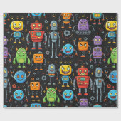 Süßes Retro-Roboter- und Monster-Muster Geschenkpapier (Flach)