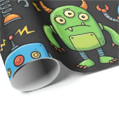 Süßes Retro-Roboter- und Monster-Muster Geschenkpapier (Rolleneckpunkt)