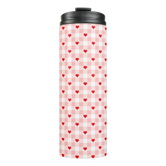 Süßes Retro-Rosa-Herz-Gingham-Karo-Muster Thermosbecher (Vorderseite)