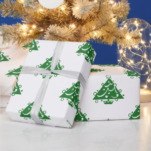 Süßes Retro-Tannenbaum-Muster in Grün auf Weiß Geschenkpapier