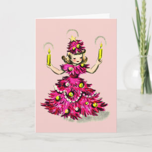 Süßes Retro-Vintage-Rosa-Christbaum-Mädchen Feiertagskarte